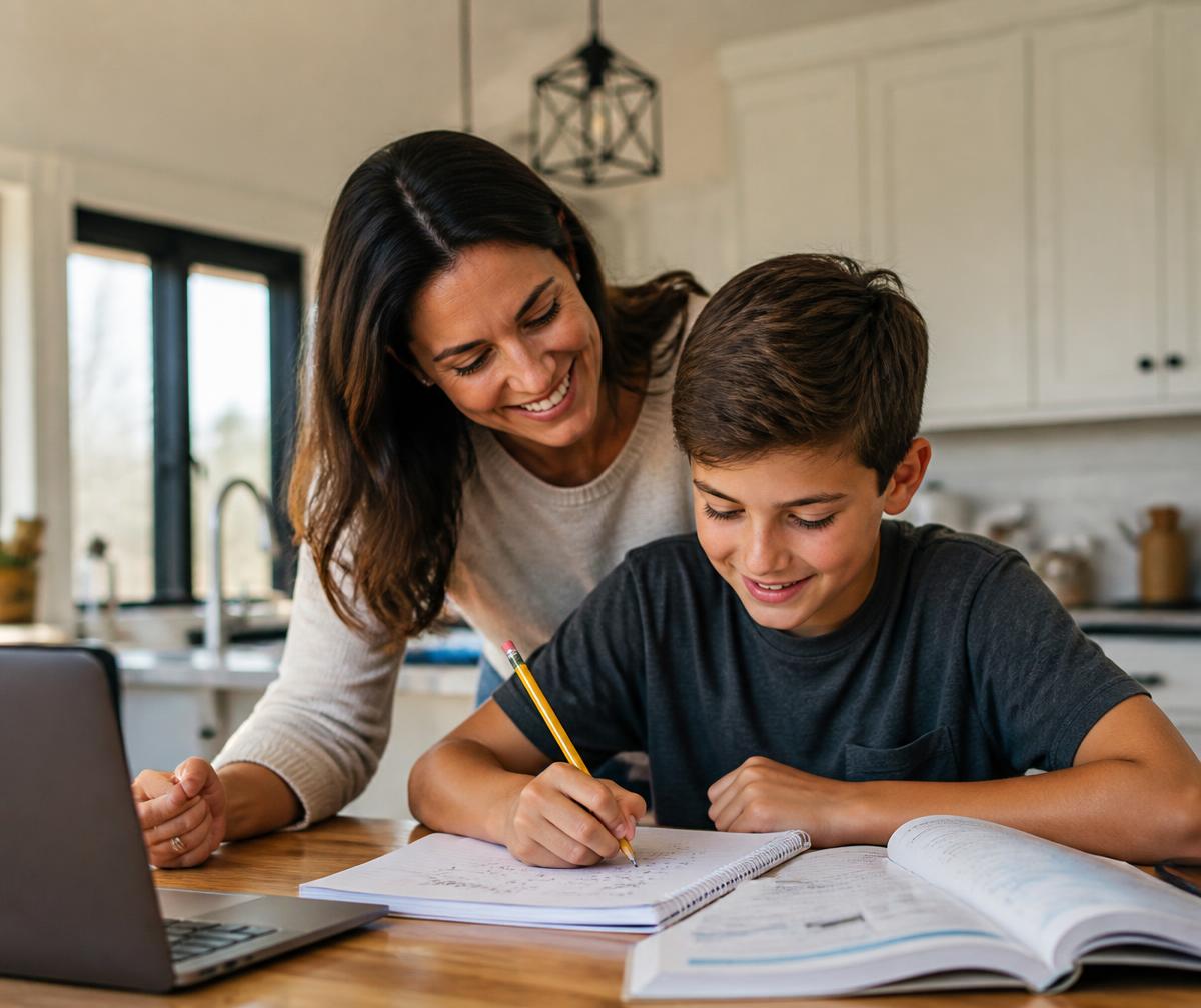 A parent helping their son work through maths homework at the kitchen table