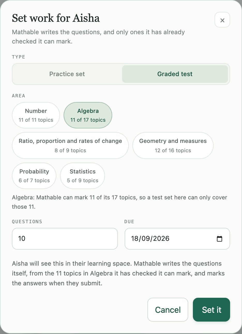 Mathable’s Set work dialog, with Graded test and Algebra chosen, 10 questions and a due date